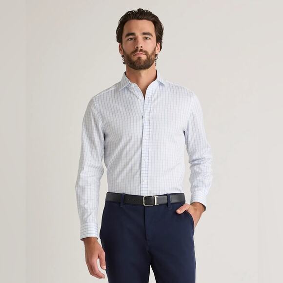 Quince Men’s Organic Cotton Stretch Twill Dress Shirt Light Blue Check Small - Picture 1 of 7
